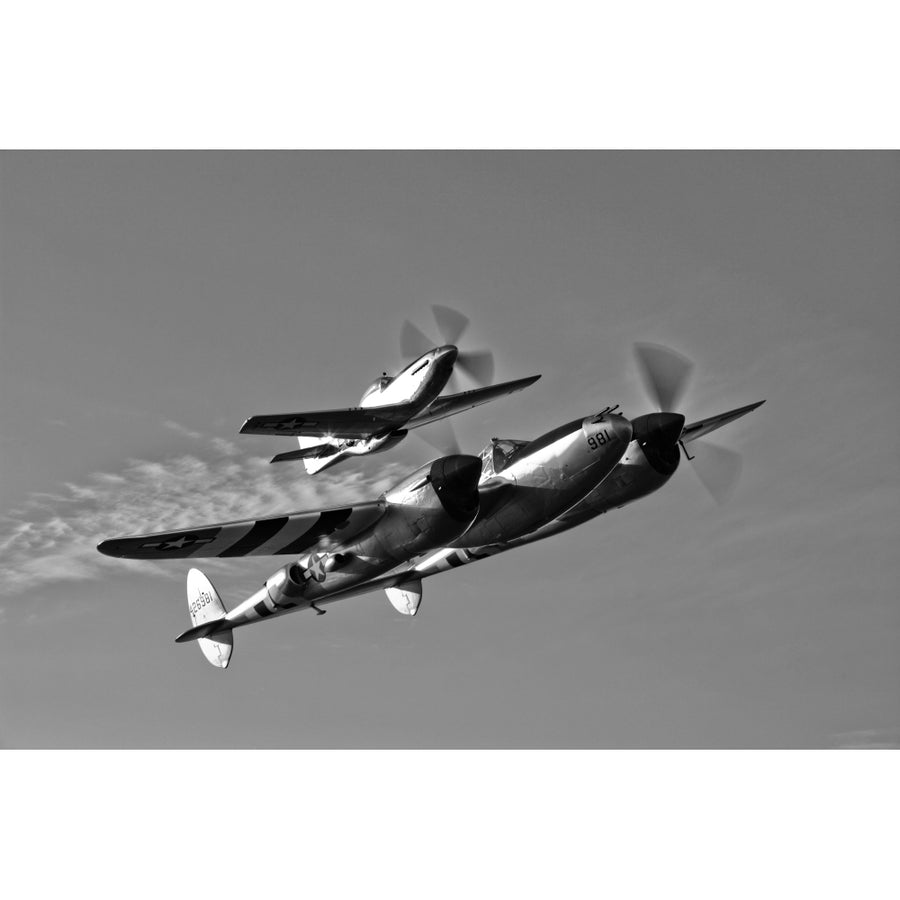 A P-38 Lightning and P-51D Mustang in flight Poster Print Image 1