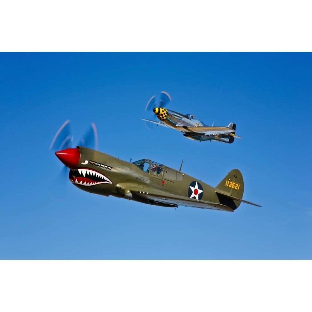 A P-40E Warhawk and a P-51D Mustang Kimberly Kaye in flight Poster Print Image 1