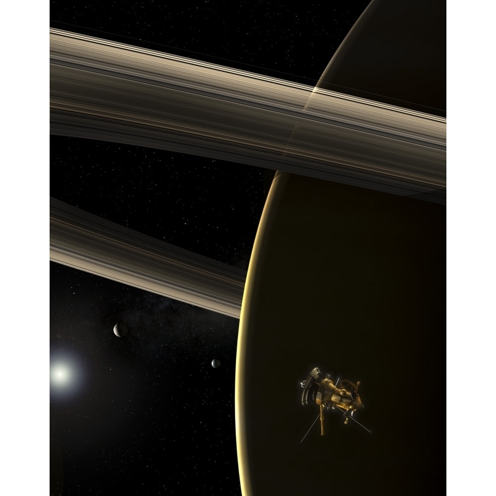 The Cassini spacecraft in orbit around the planet Saturn during sunrise Poster Print Image 1