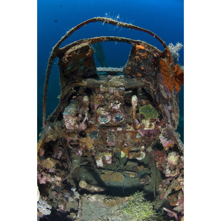 Cockpit of a Mitsubishi Zero fighter plane wreck underwater Poster Print Image 1