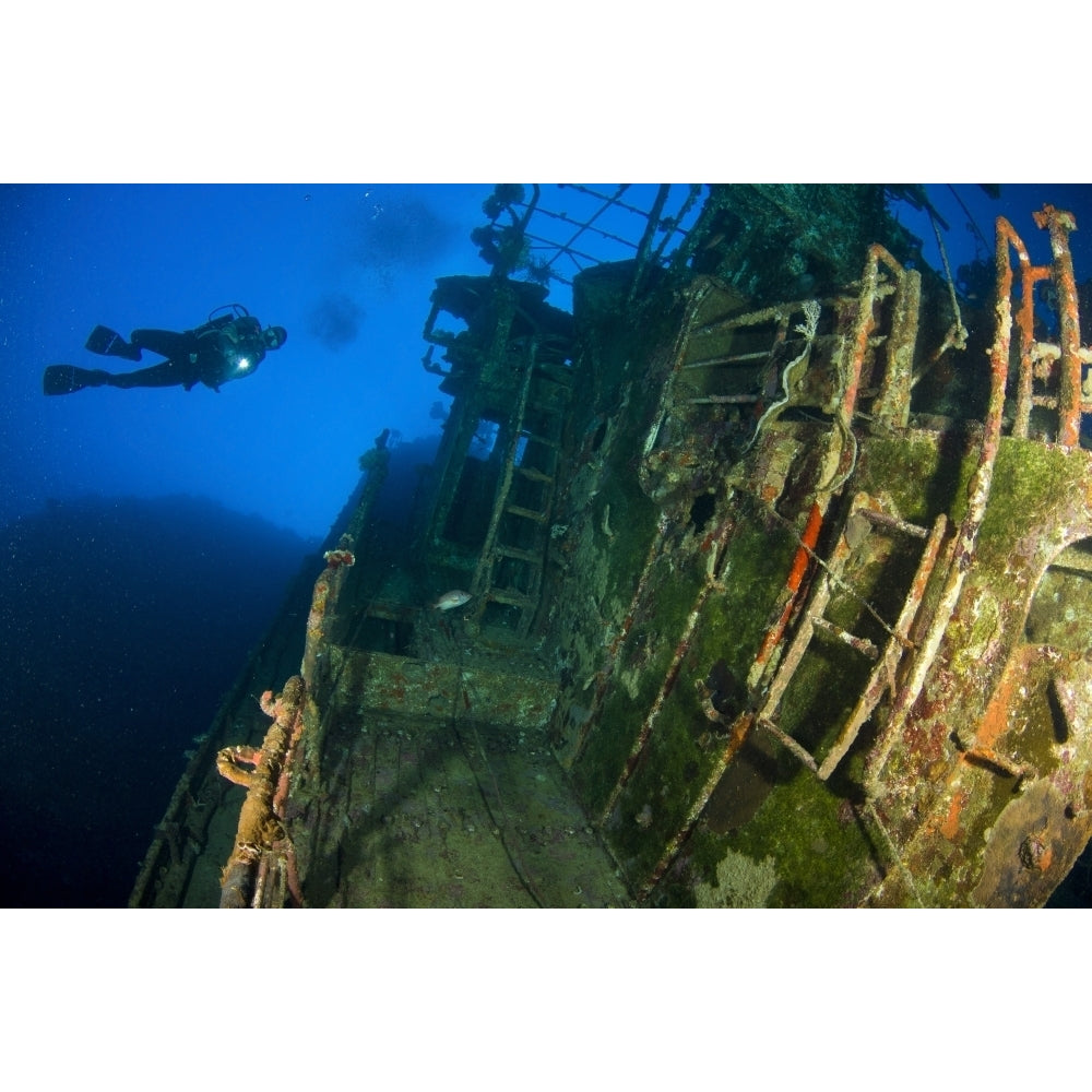 A diver explores the wreck of the Soltai 61 Solomon Islands Poster Print Image 2