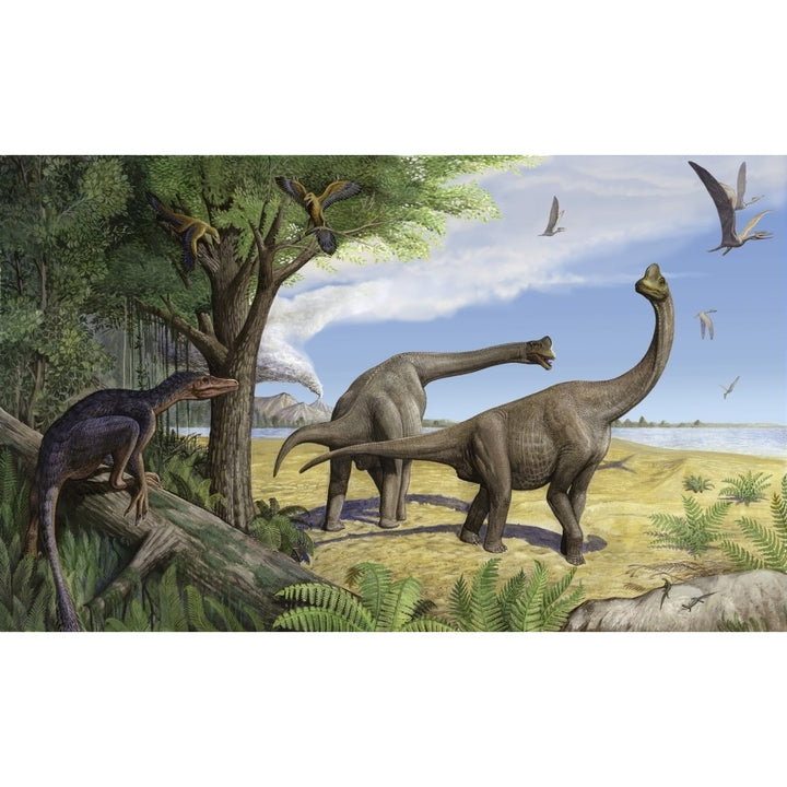 A raptor stalks a pair of grazing Europasaurus holgeri dinosaurs Poster Print Image 1