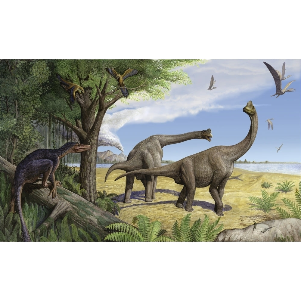 A raptor stalks a pair of grazing Europasaurus holgeri dinosaurs Poster Print Image 2