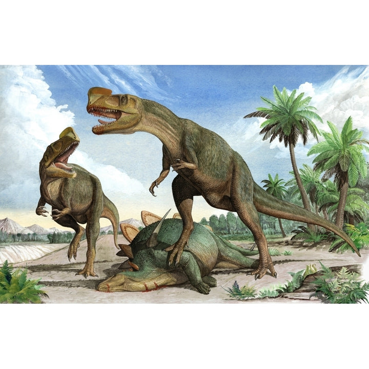 Confrontation between two Kileskus aristotocus dinosaurs over a dead stegosaurid Poster Print Image 2