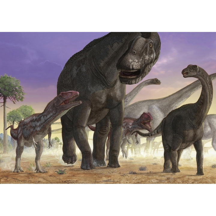 A couple of predator Mapusaurus try to isolate a herd of sauropods Poster Print Image 1