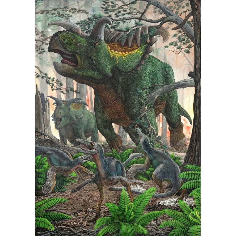 Kosmoceratops tramples over nesting Talos dinosaurs while fleeing from a forest fire Poster Print Image 2