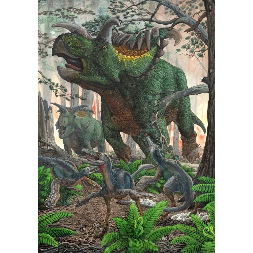 Kosmoceratops tramples over nesting Talos dinosaurs while fleeing from a forest fire Poster Print Image 1