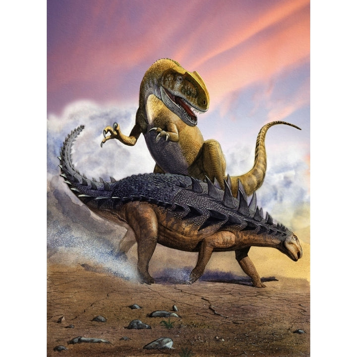 Confronation between a Neovenator and a Polacanthus armored dinosaur Poster Print Image 2