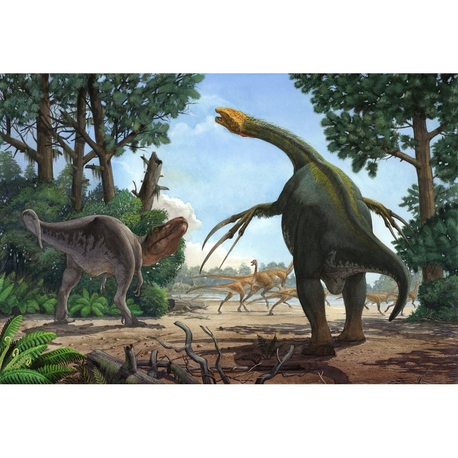 A Therizinosaurus prevents a young Tarbosaurus in his hunt for Gallimimus Poster Print Image 1