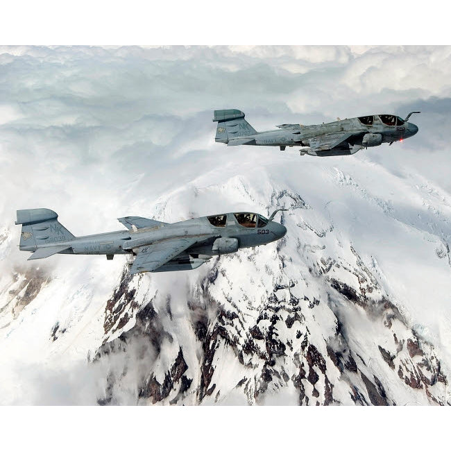 Two US Navy EA-6B Prowler aircraft in flight over Mount Rainier Poster Print by Stocktrek Images Image 1