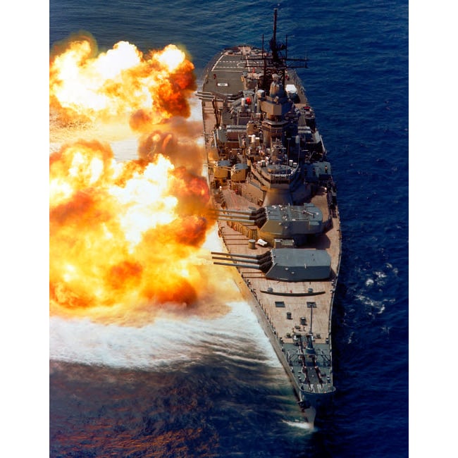 Battleship USS Iowa firing its Mark 7 16-inch/50-caliber guns Poster Print by Stocktrek Images Image 1