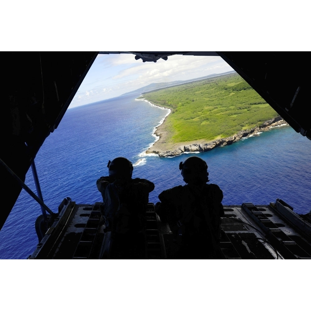 Loadmasters look out over Tumon Bay from a C-130 Hercules Poster Print Image 2