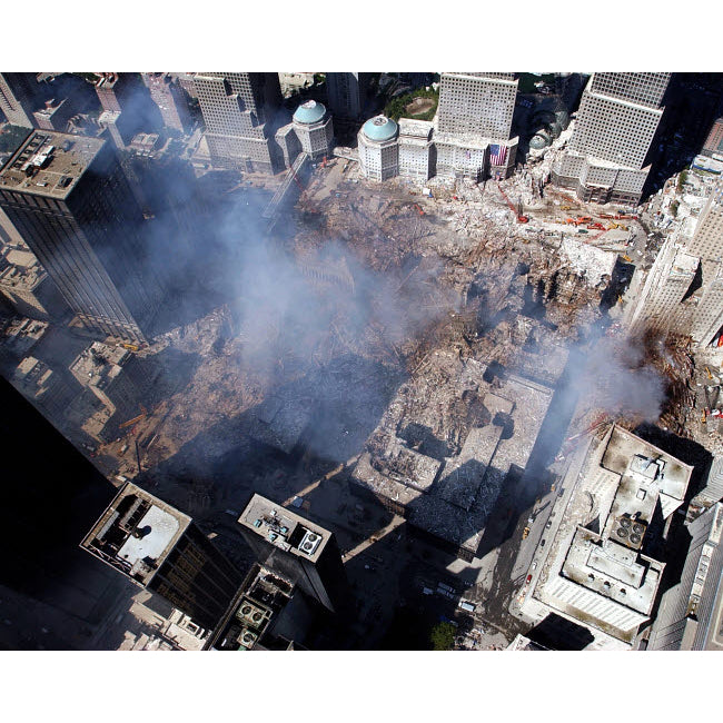 Aerial view of the destruction where the World Trade Center collapsed Poster Print by Stocktrek Images Image 1