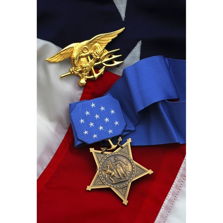 Close-up of the Medal of Honor award and American flag Poster Print Image 1