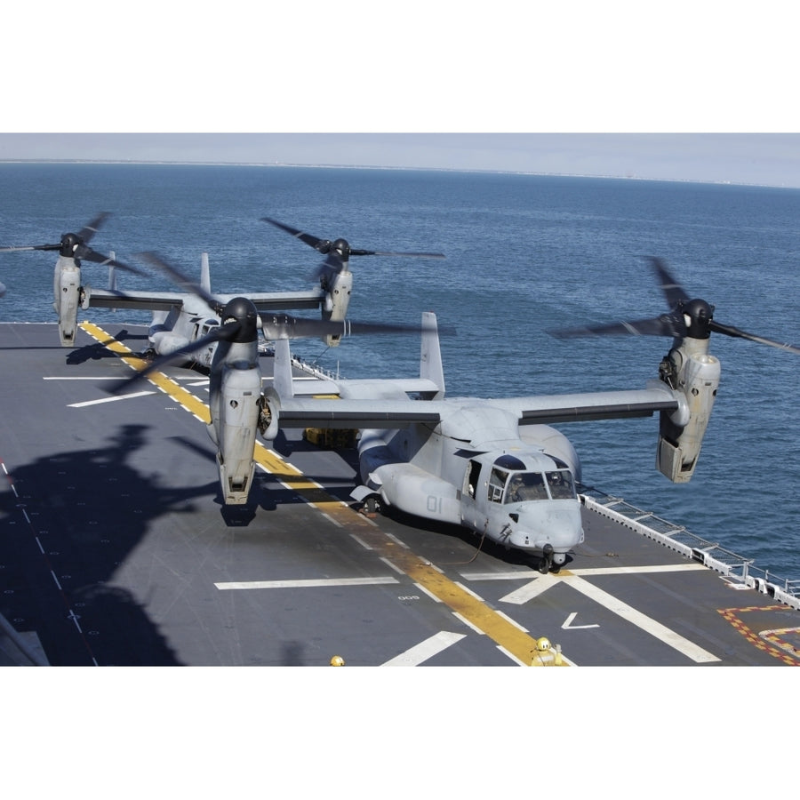 MV-22 Osprey tiltrotor aircraft on the flight deck of USS Kearsarge Poster Print Image 1