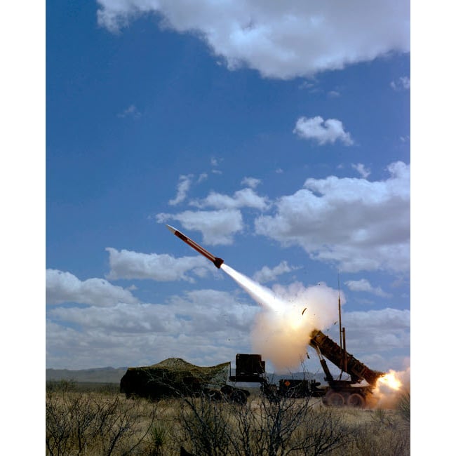 A MIM-104 Patriot anti-aircraft missile is fired during a training exercise Poster Print by Stocktrek Images Image 2