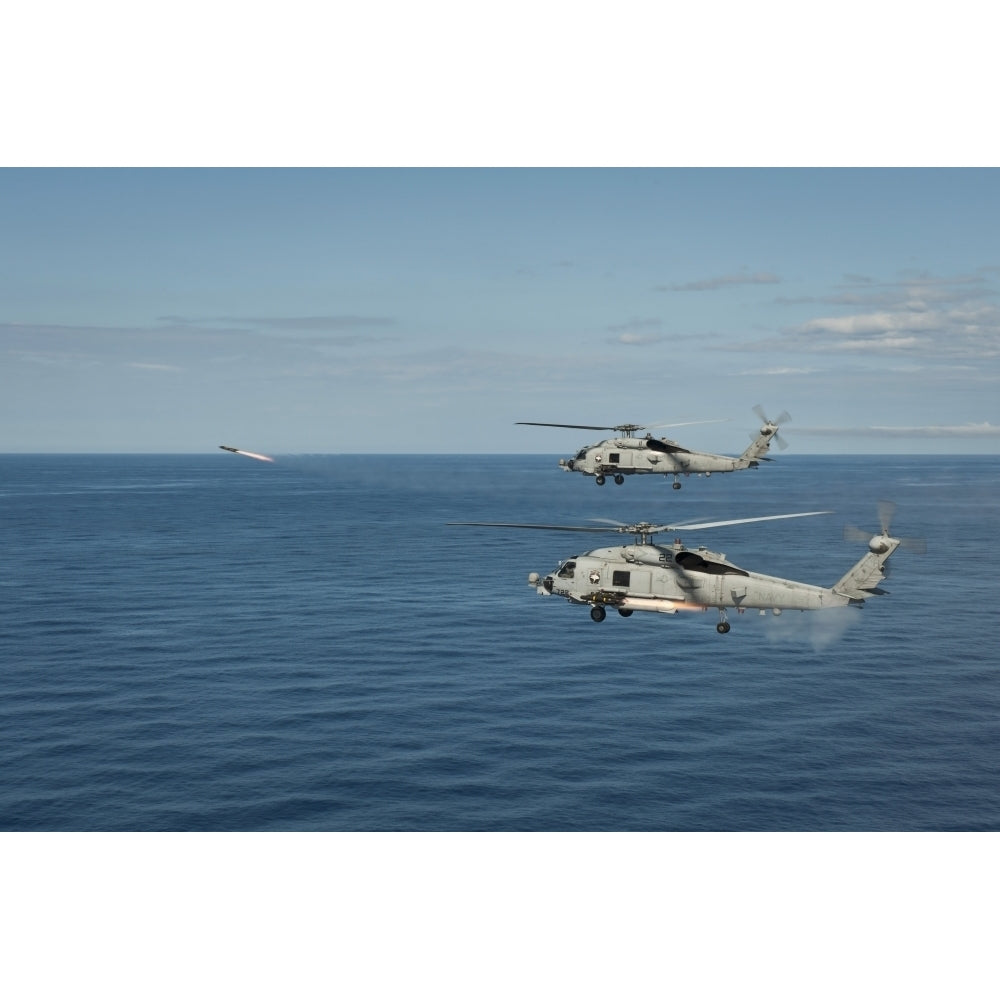 MH-60R Sea Hawk helicopters launch AGM-114 hellfire missiles Poster Print Image 2