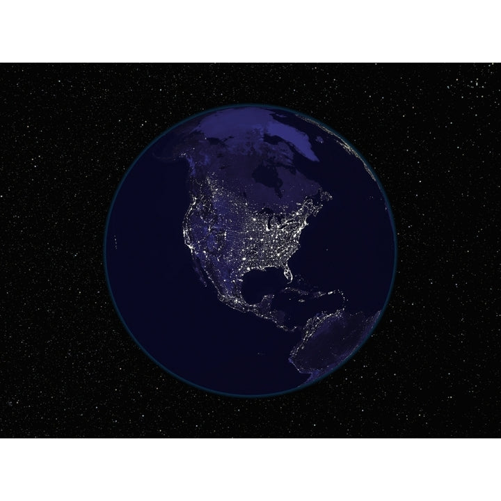 Full Earth at night showing city lights centered on North America Poster Print Image 1