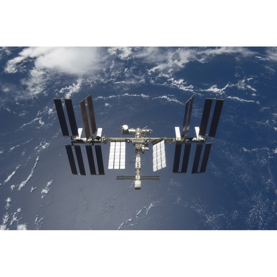 The International Space Station backdropped by a blue and white Earth Poster Print Image 1