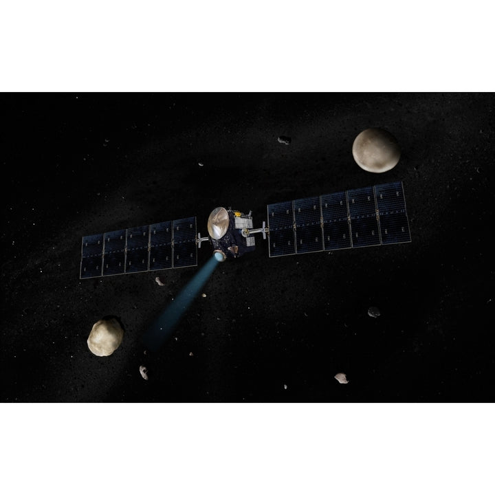 Artists concept of Dawn spacecraft in orbit around large asteroid Vesta and dwarf planet Ceres Print Image 1