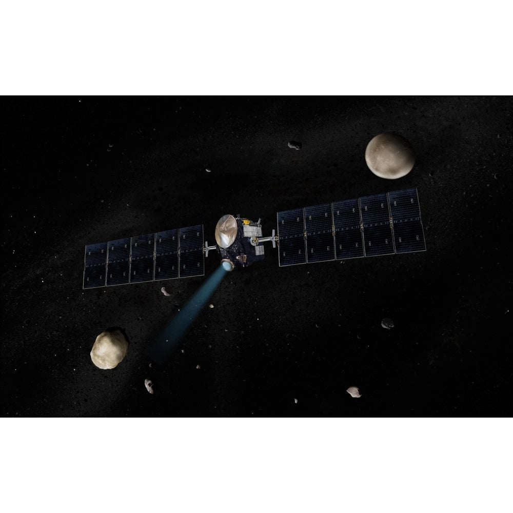 Artists concept of Dawn spacecraft in orbit around large asteroid Vesta and dwarf planet Ceres Print Image 2