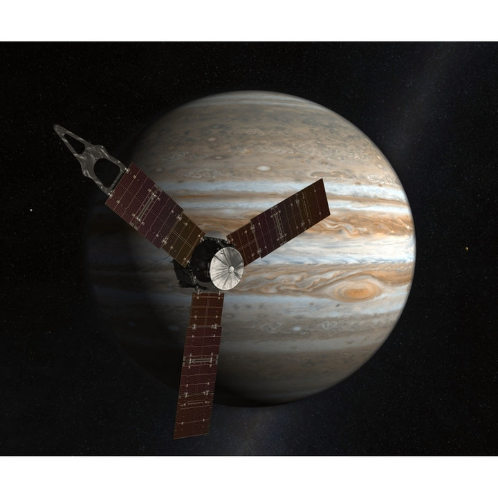 Artists concept of the Juno spacecraft in orbit around Jupiter Poster Print Image 1