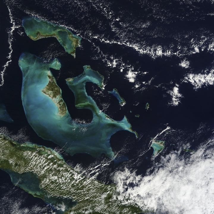 Satellite view of the Bahama Islands in the Atlantic Ocean Poster Print Image 1