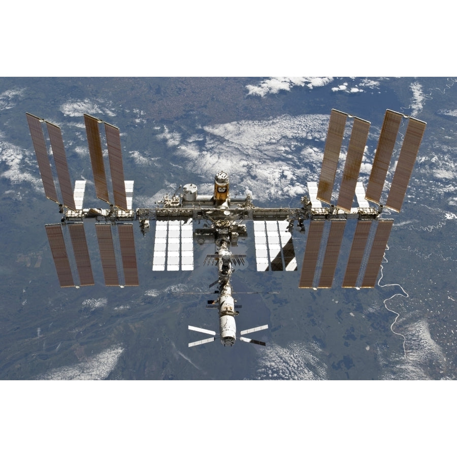 International Space Station backgropped by a blue and white Earth Poster Print Image 1