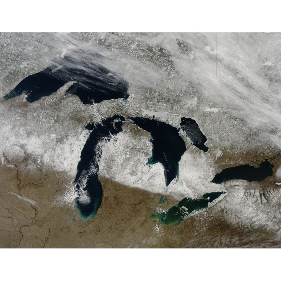 Satellite view of snow across Wisonsin Michigan and Canada Poster Print Image 1