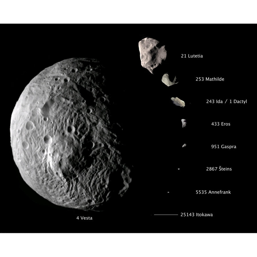 Digital composite showing the comparative sizes of nine asteroids Poster Print Image 1