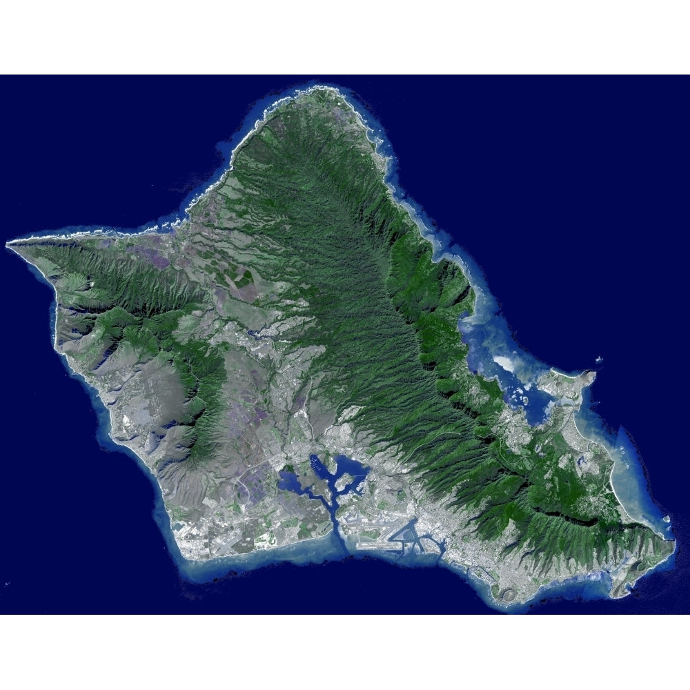 Satellite image of Oahu Hawaii Poster Print Image 1