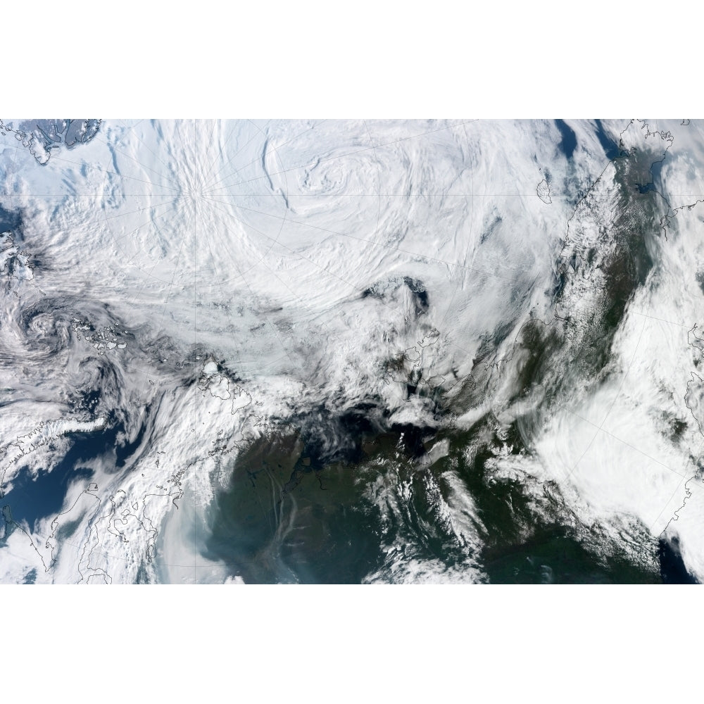 Satellite view of large and powerful cyclone churning over the Arctic Poster Print Image 1