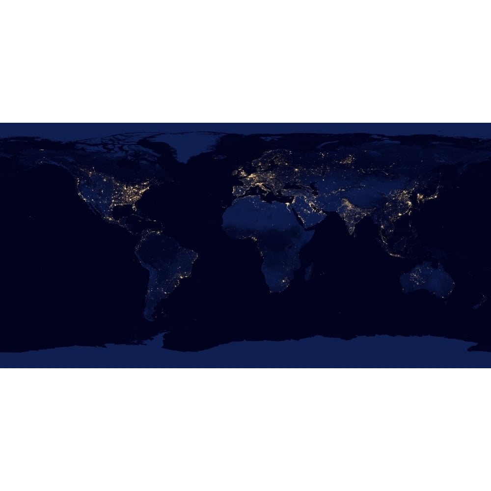 Flat map of Earth showing city lights of the world at night Poster Print Image 1