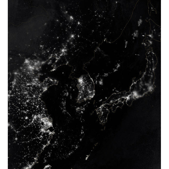 Satellite view of the Korean Peninsula showing city lights at night Poster Print by Stocktrek Images Image 1