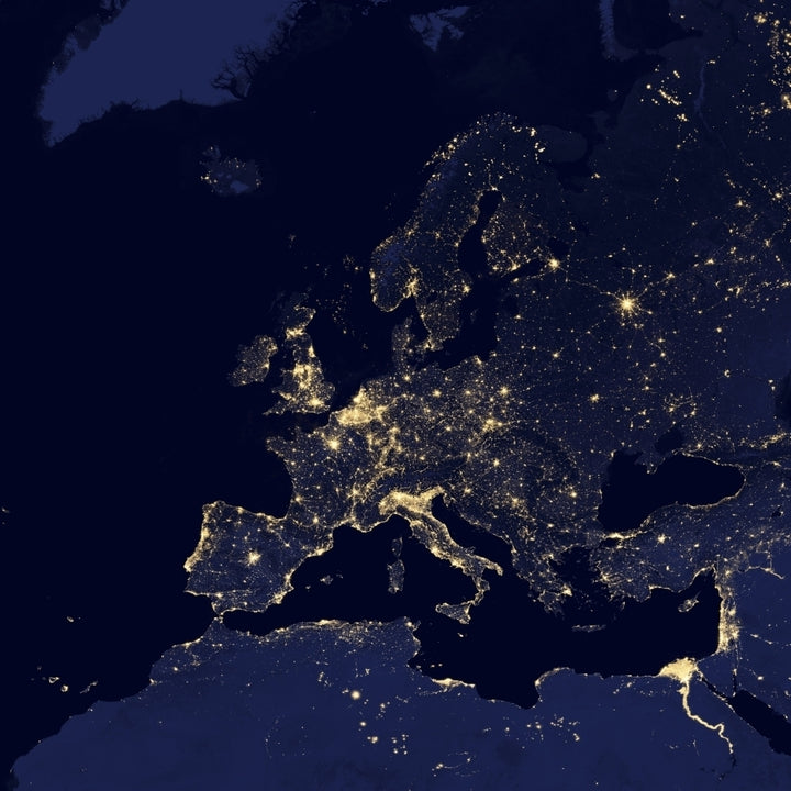 Satellite view of city lights in several European and Nordic cities Poster Print Image 1