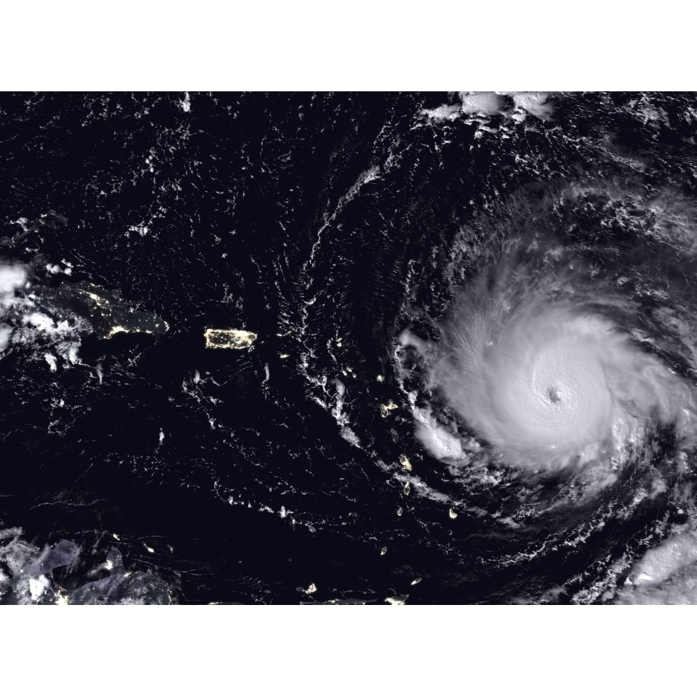 Night time view of Hurricane Irma by the Leeward Islands Poster Print by Stocktrek Images Image 1