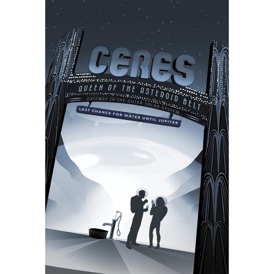 Retro space travel poster of the dwarf planet Ceres Poster Print by Stocktrek Images Image 1