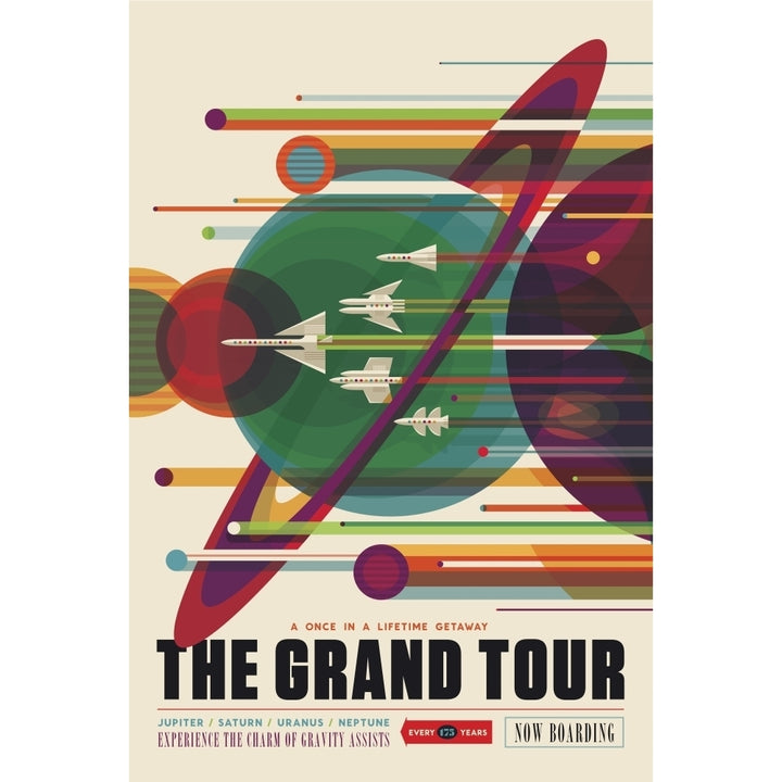 Retro space travel poster of a solar system grand tour aboard the Voyager spacecraft Poster Print by Stocktrek Images Image 2