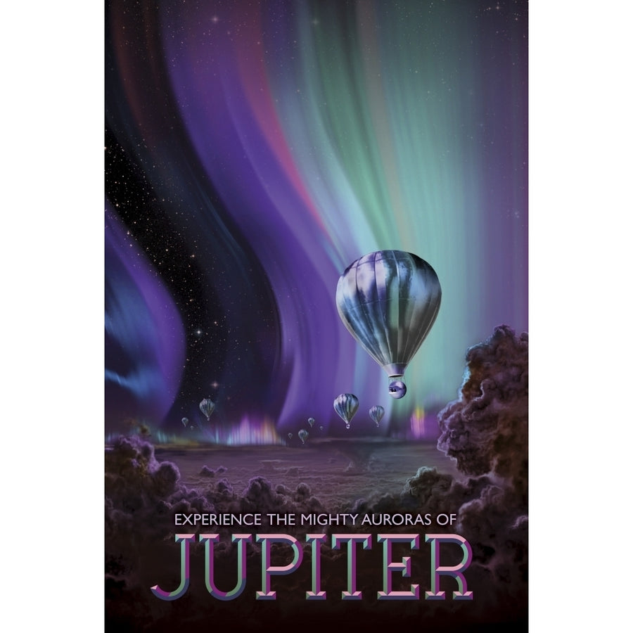 Retro space travel poster of the glowing auroras on planet Jupiter Poster Print by Stocktrek Images Image 1