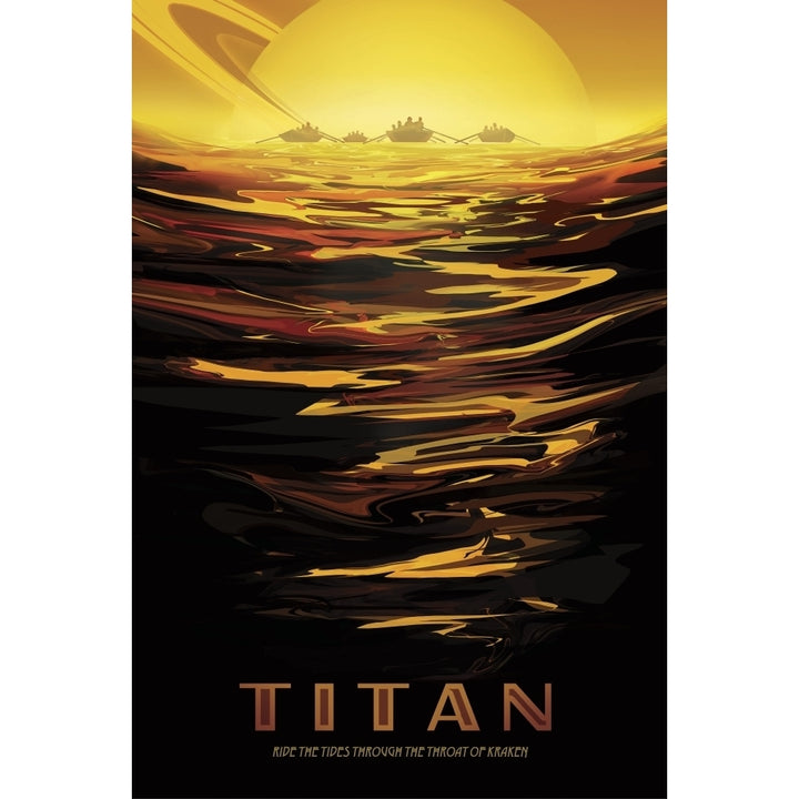 Retro space travel poster of Saturns largest moon Titan and its thick atmosphere Poster Print by Stocktrek Images Image 1