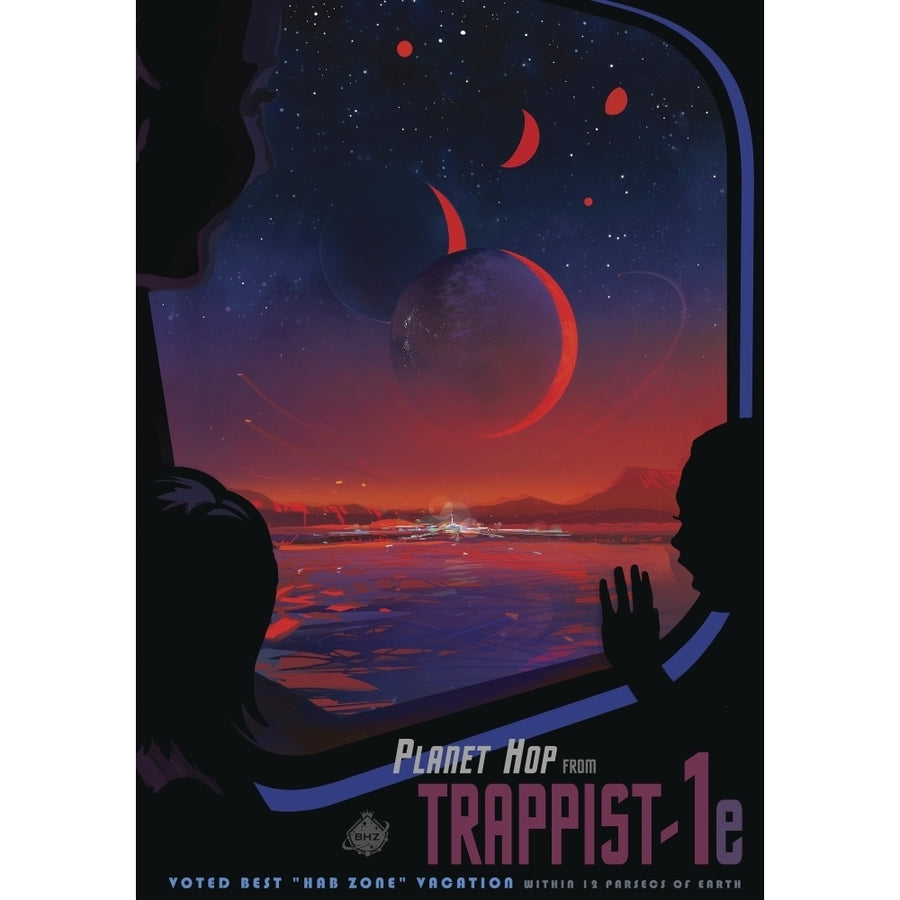 Retro space travel poster of viewers observing the TRAPPIST-1e exoplanet Poster Print by Stocktrek Images Image 1