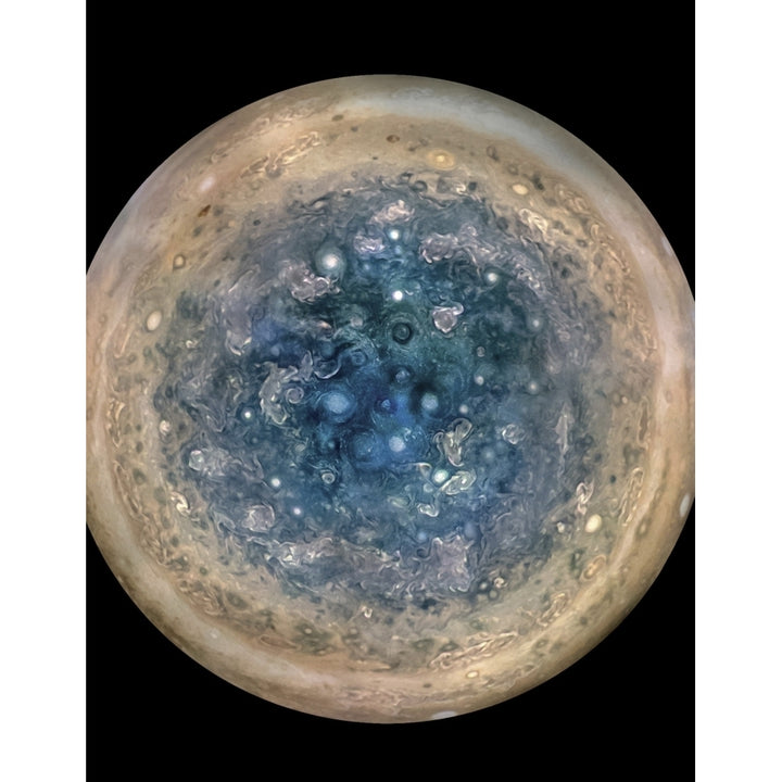 Enhanced color view of planet Jupiters south pole with oval storms dotted across the landscape Poster Print by Stocktre Image 1