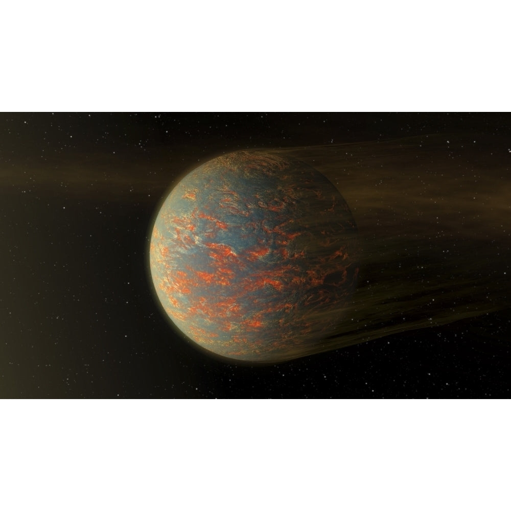 Artist concept of exoplanet 55 Cancri e and its molten surface showing material blowing of from nearby star Poster Print Image 1