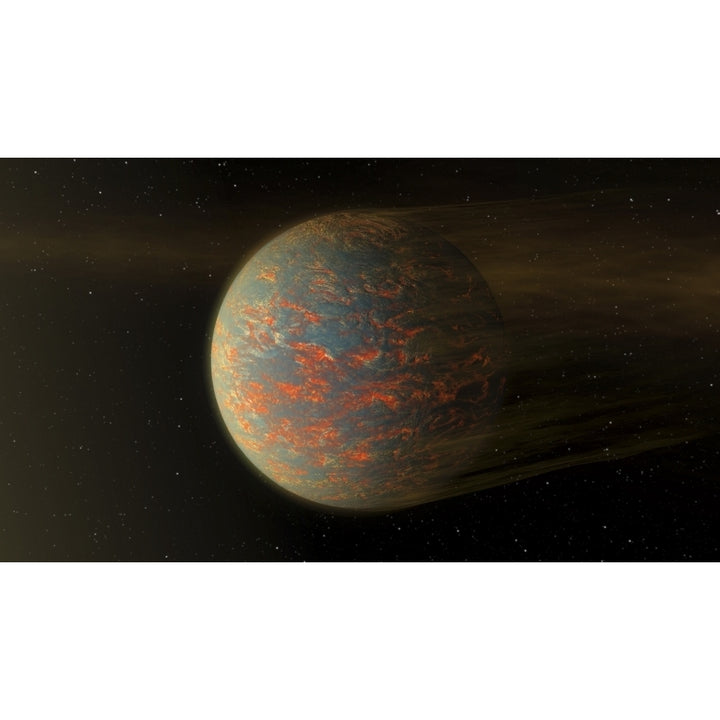 Artist concept of exoplanet 55 Cancri e and its molten surface showing material blowing of from nearby star Poster Print Image 2