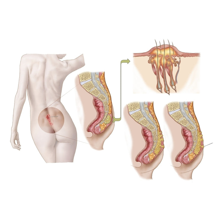 Medical ilustration of a pilonidal cyst near the natal cleft of the buttocks Poster Print Image 1