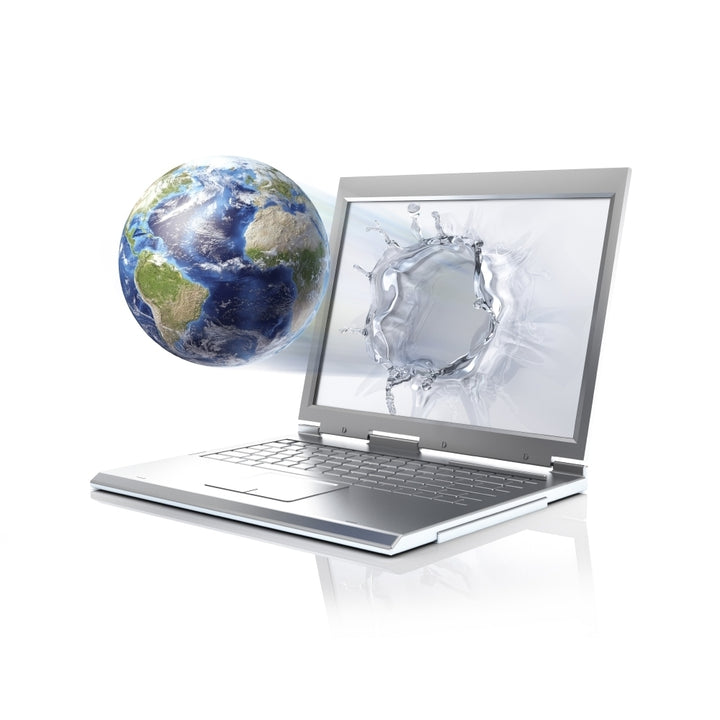 Planet Earth globe coming out from a laptop computer Poster Print Image 1