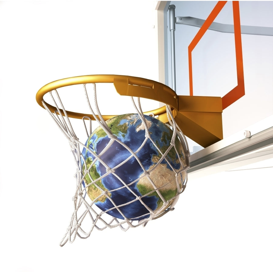 3D rendering of planet Earth falling into a basketball hoop Poster Print Image 1