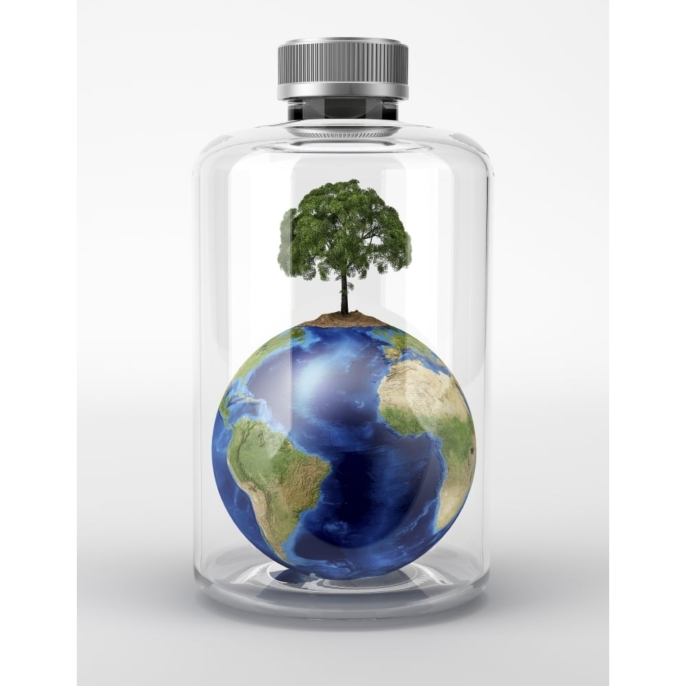 Planet Earth with a tree on top inside a glass bottle Poster Print Image 2