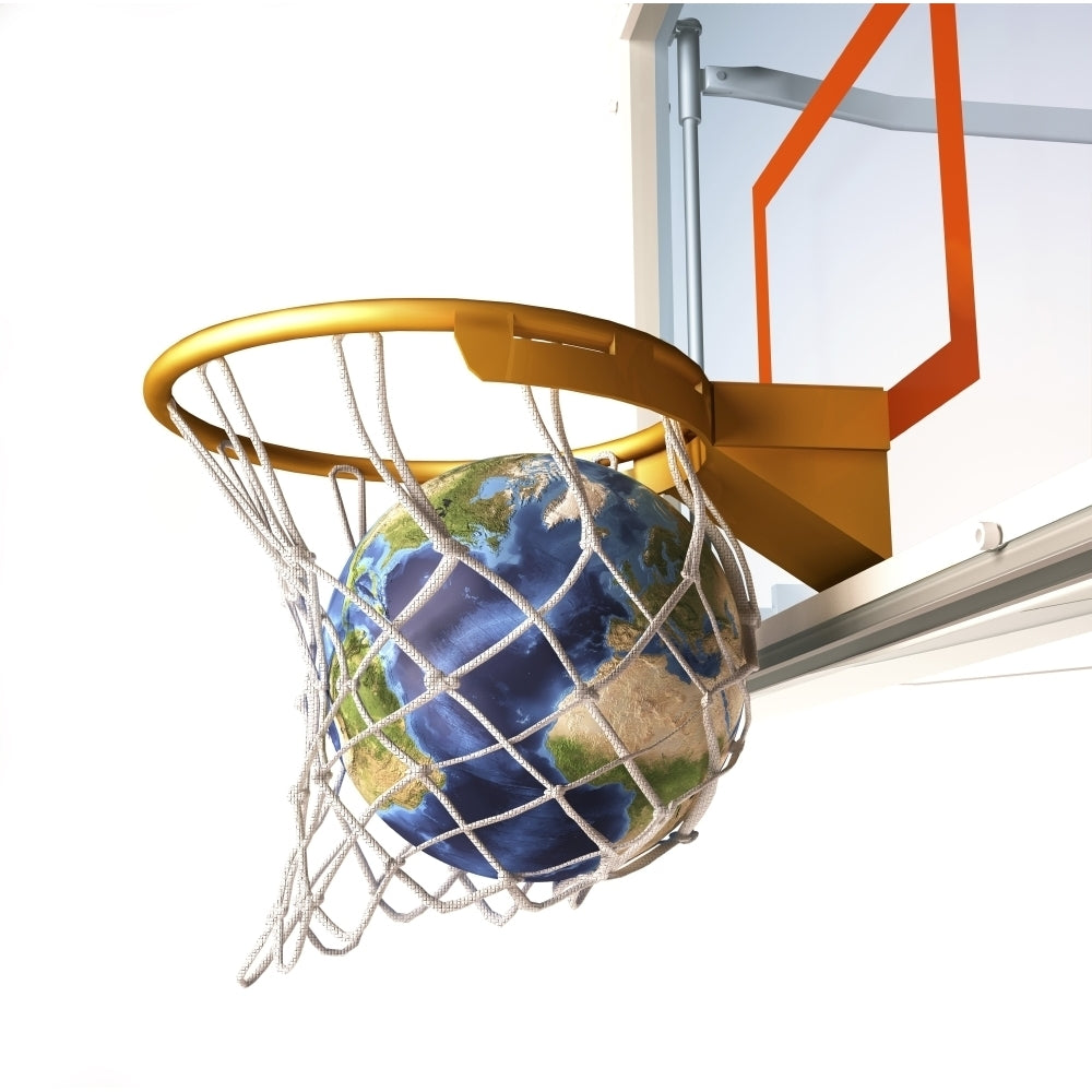 3D rendering of planet Earth falling into a basketball hoop Poster Print Image 2