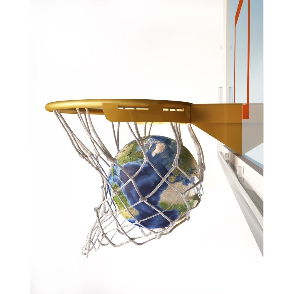 3D rendering of planet Earth falling into a basketball hoop Poster Print Image 2